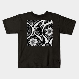 Black and White Vintage Floral Cottagecore Gothic Romantic Flower Peony Rose Leaf Design Kids T-Shirt